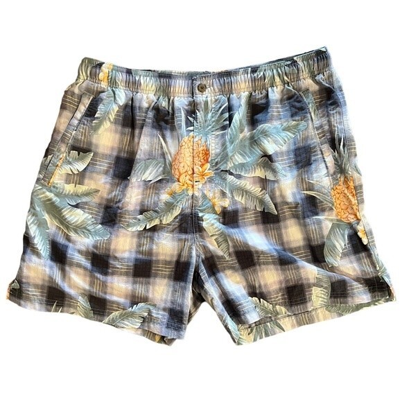Tommy Bahama Swim Trunks Black White Plaid Large Pineapples Mesh Lining size L - Picture 1 of 8